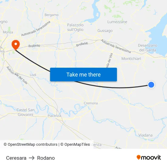 Ceresara to Rodano map