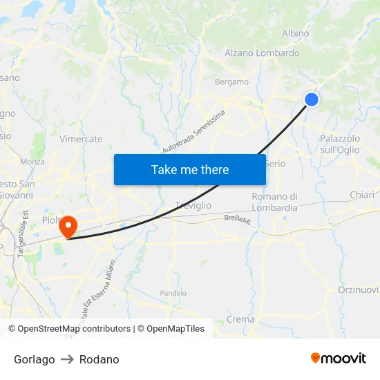 Gorlago to Rodano map