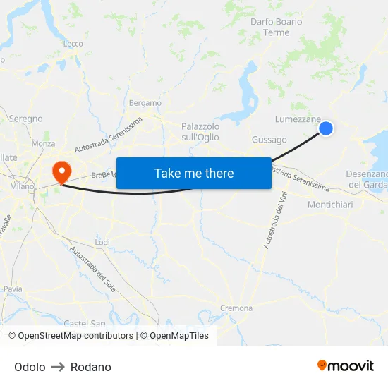 Odolo to Rodano map