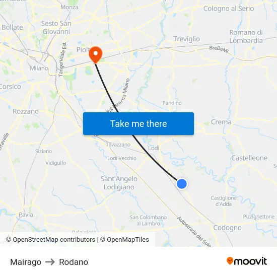Mairago to Rodano map