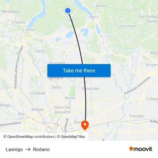 Lasnigo to Rodano map
