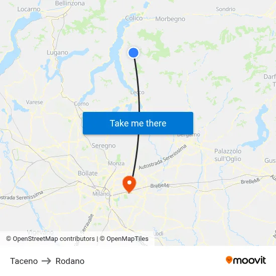 Taceno to Rodano map