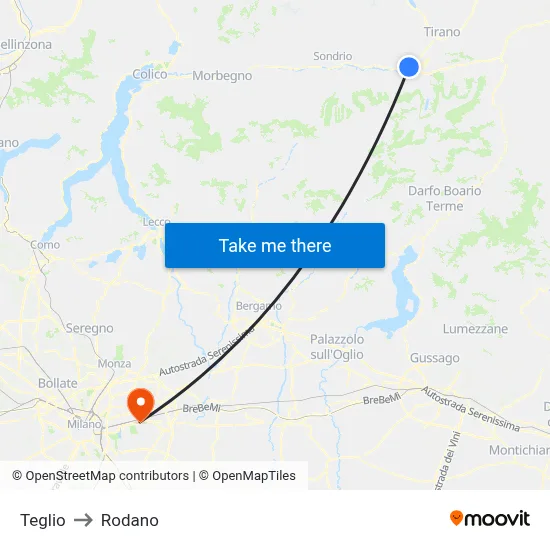 Teglio to Rodano map
