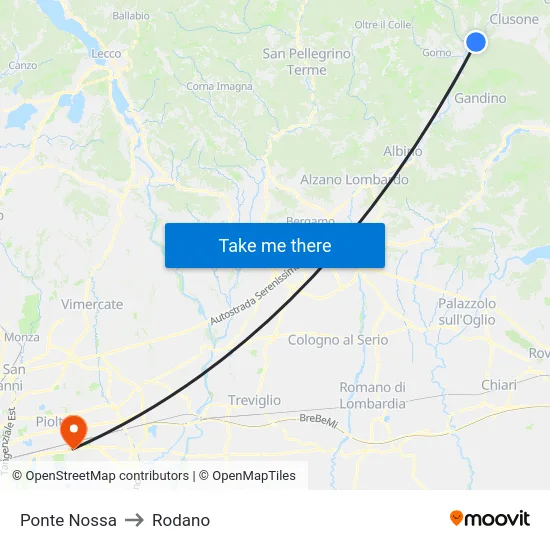 Ponte Nossa to Rodano map
