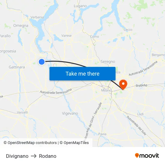 Divignano to Rodano map