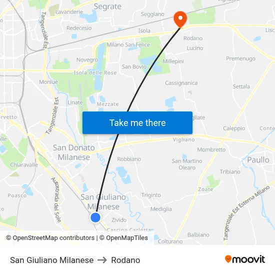 San Giuliano Milanese to Rodano map