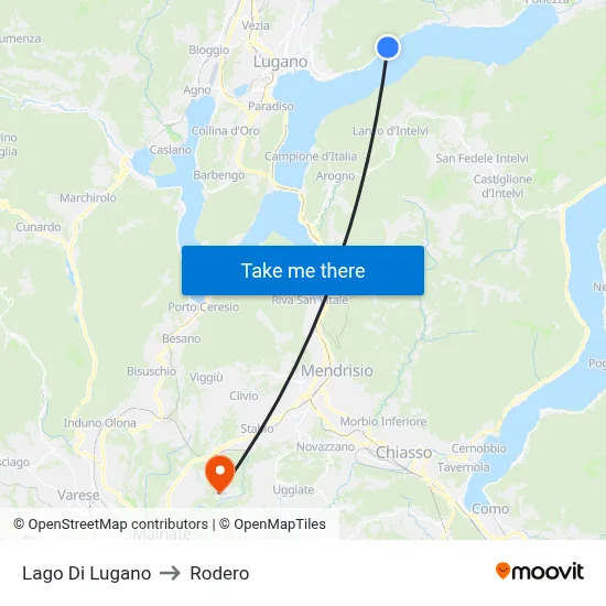 Lake of Lugano to Rodero map