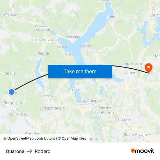 Quarona to Rodero map