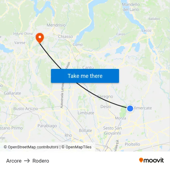 Arcore to Rodero map