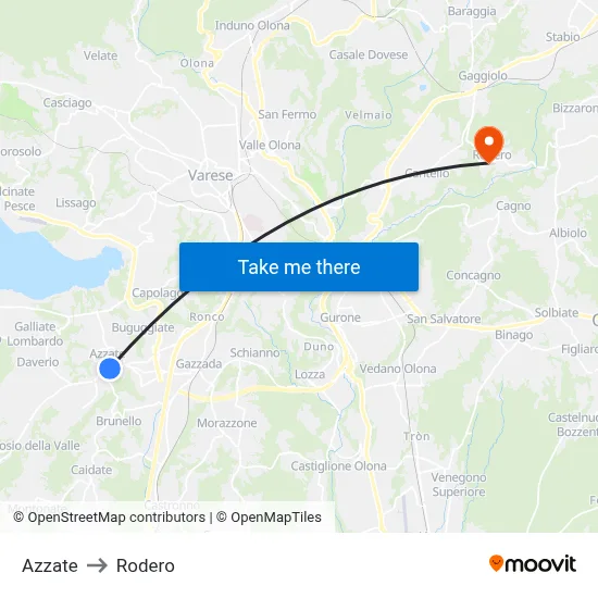 Azzate to Rodero map