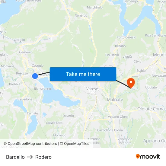 Bardello to Rodero map