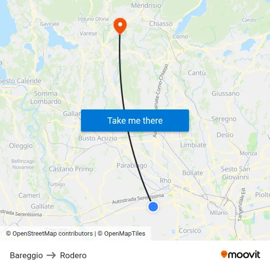 Bareggio to Rodero map