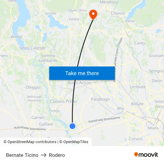 Bernate Ticino to Rodero map