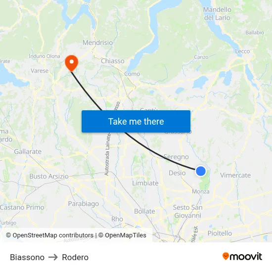 Biassono to Rodero map