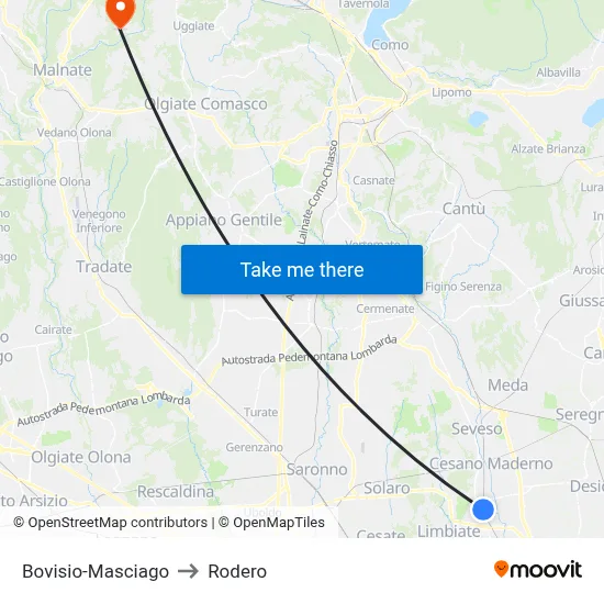 Bovisio-Masciago to Rodero map