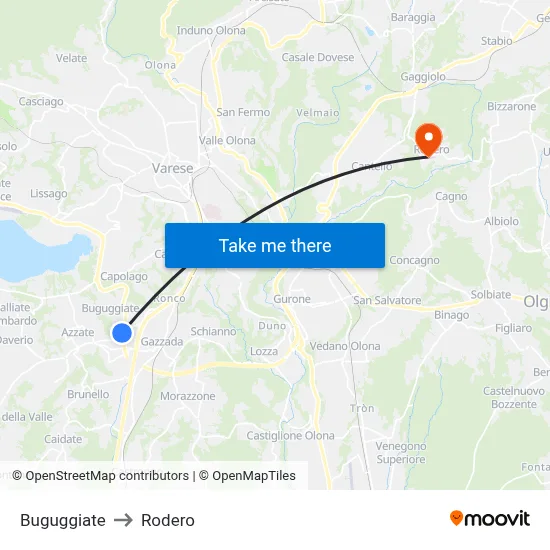 Buguggiate to Rodero map