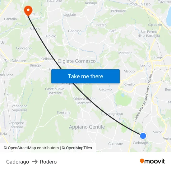 Cadorago to Rodero map