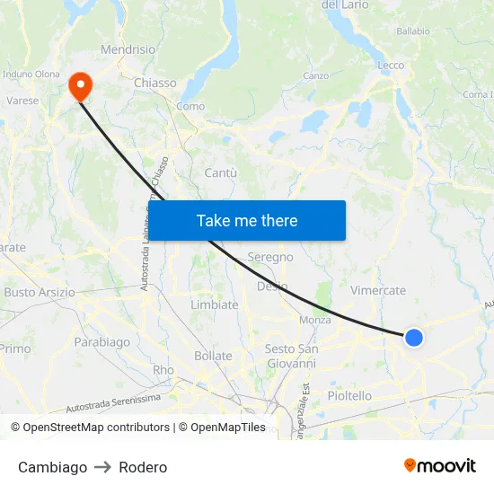 Cambiago to Rodero map