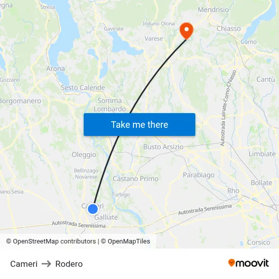 Cameri to Rodero map