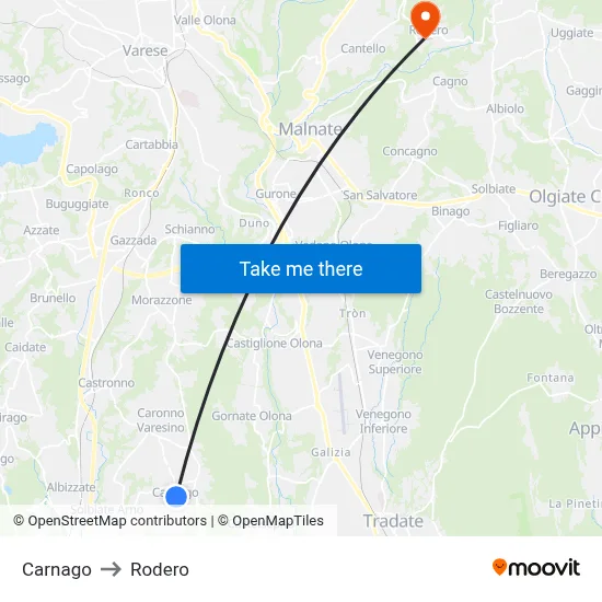 Carnago to Rodero map