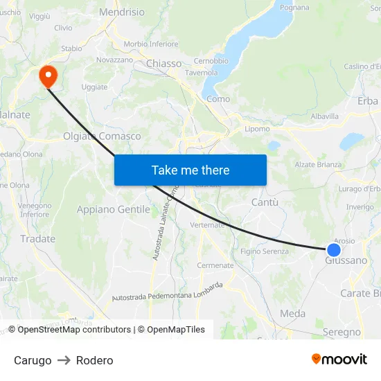 Carugo to Rodero map
