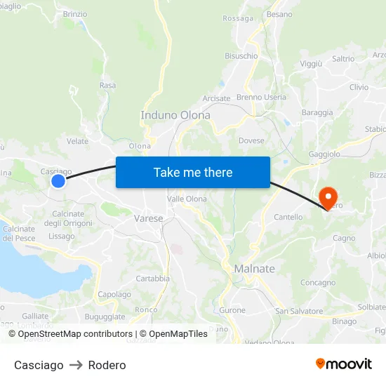 Casciago to Rodero map