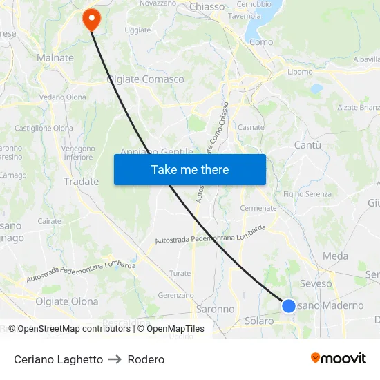 Ceriano Laghetto to Rodero map