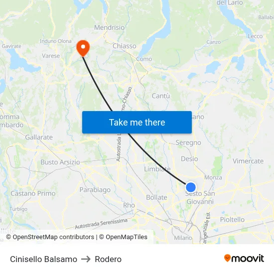 Cinisello Balsamo to Rodero map