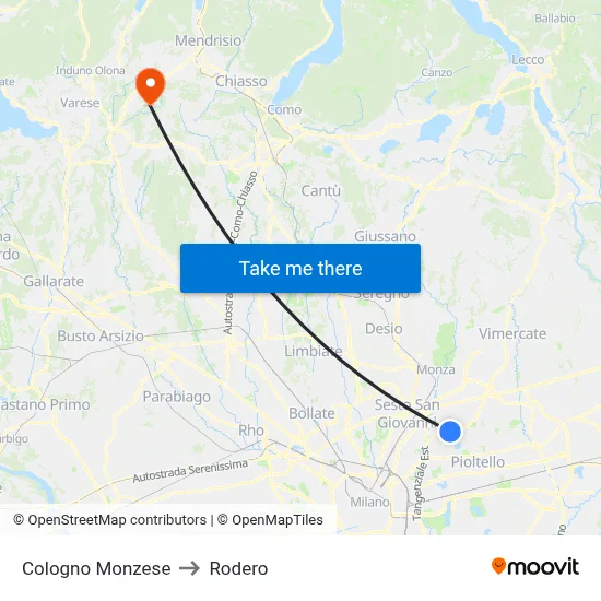 Cologno Monzese to Rodero map