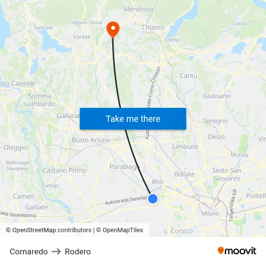 Cornaredo to Rodero map