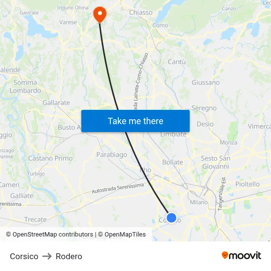 Corsico to Rodero map