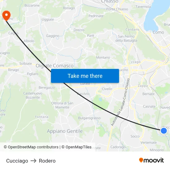 Cucciago to Rodero map