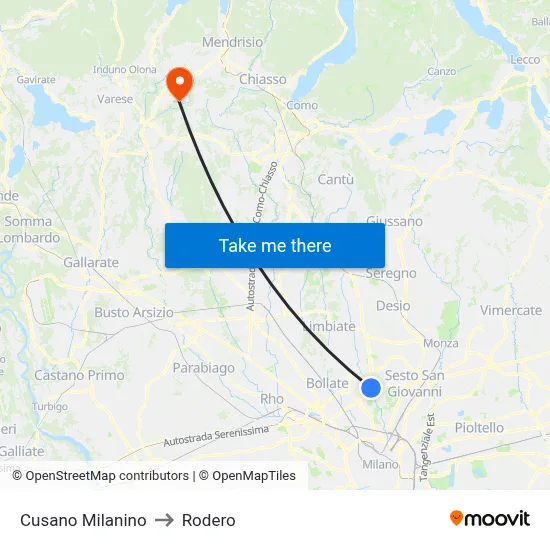 Cusano Milanino to Rodero map