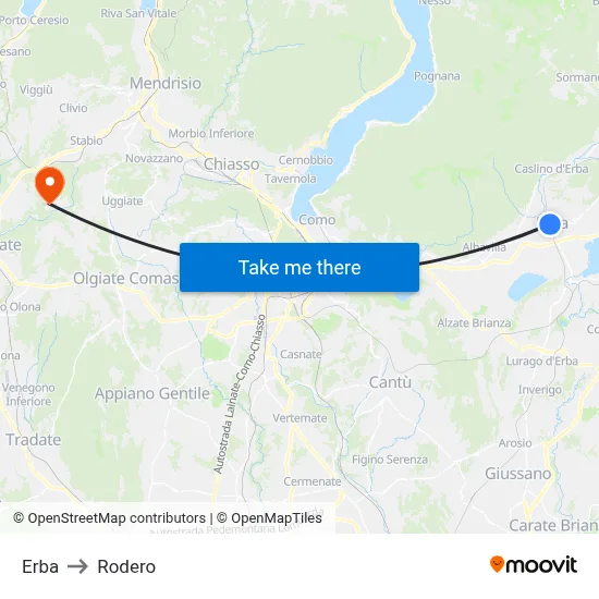 Erba to Rodero map
