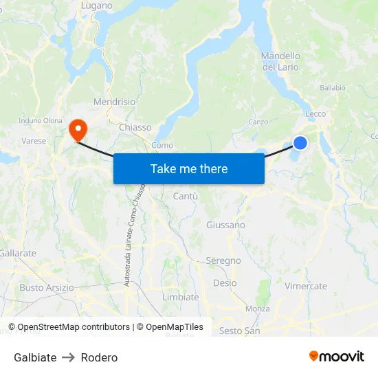 Galbiate to Rodero map