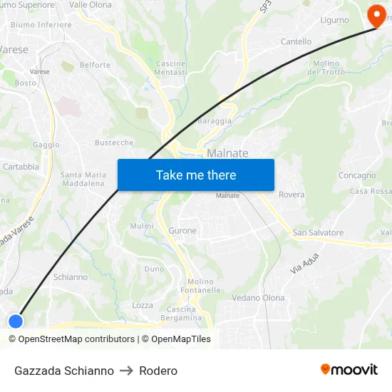 Gazzada Schianno to Rodero map