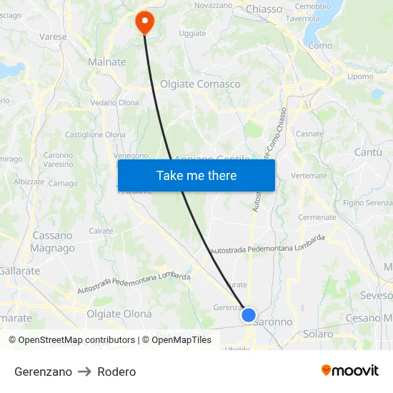 Gerenzano to Rodero map