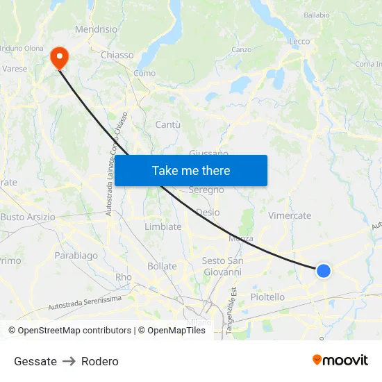 Gessate to Rodero map