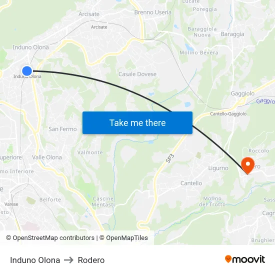 Induno Olona to Rodero map
