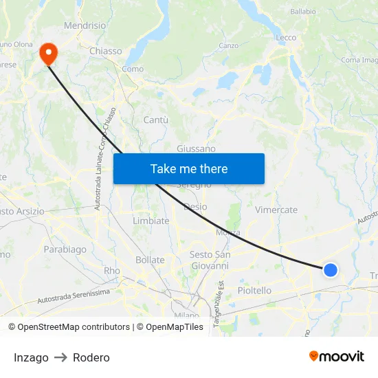 Inzago to Rodero map