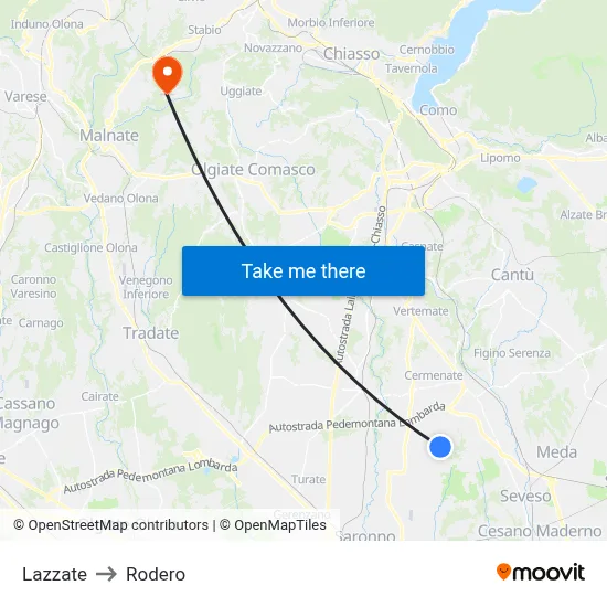 Lazzate to Rodero map