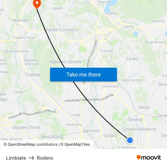 Limbiate to Rodero map