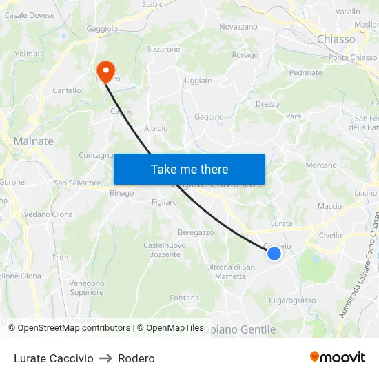 Lurate Caccivio to Rodero map
