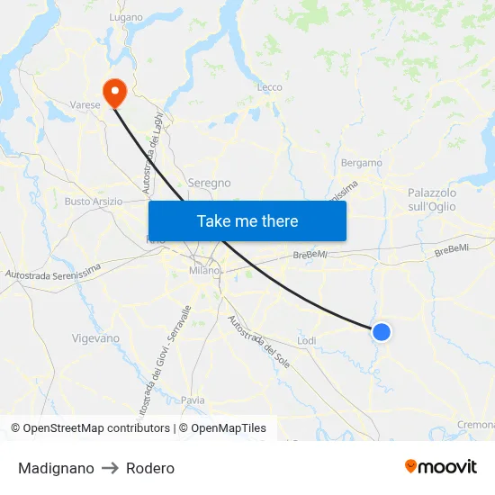 Madignano to Rodero map