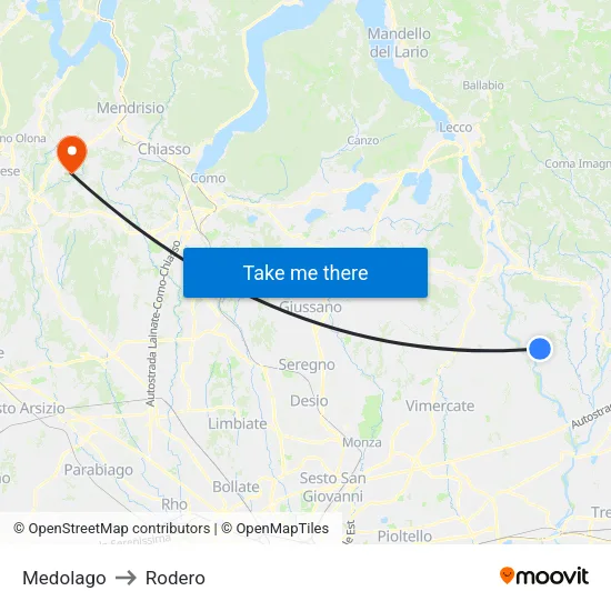 Medolago to Rodero map