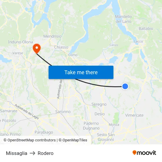 Missaglia to Rodero map