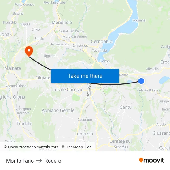 Montorfano to Rodero map