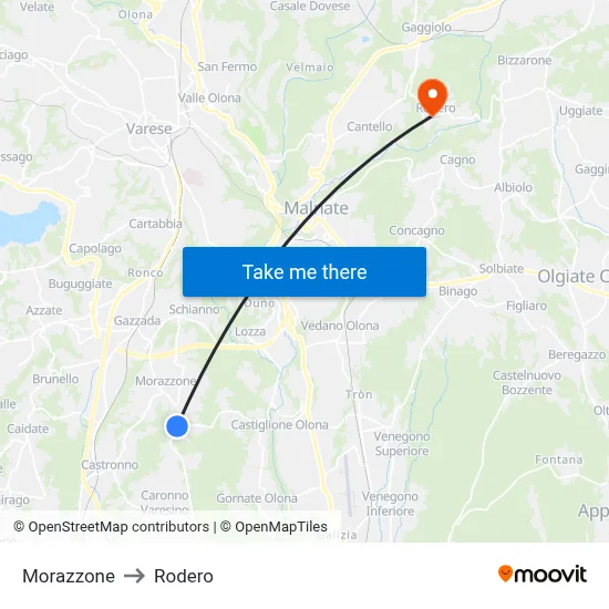 Morazzone to Rodero map