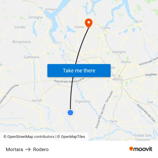 Mortara to Rodero map