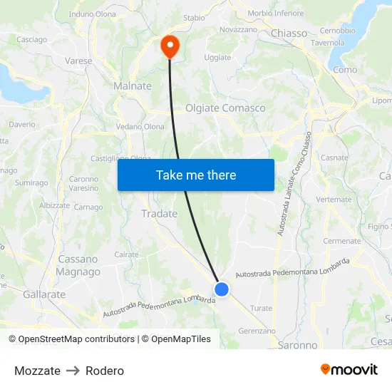 Mozzate to Rodero map